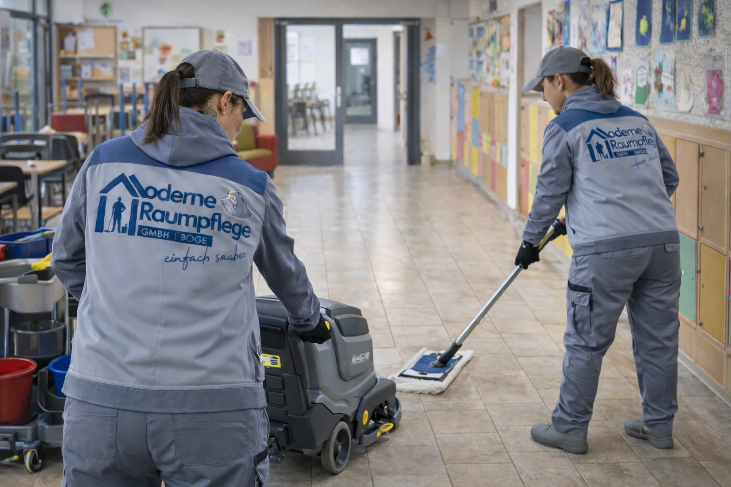 Moderne Raumpflege GmbH Boge – Gebäudereinigung – professionelles Reinigungspersonal reinigt mit gewerblichen Bodenreinigungsgeräten eine große geflieste Innenfläche